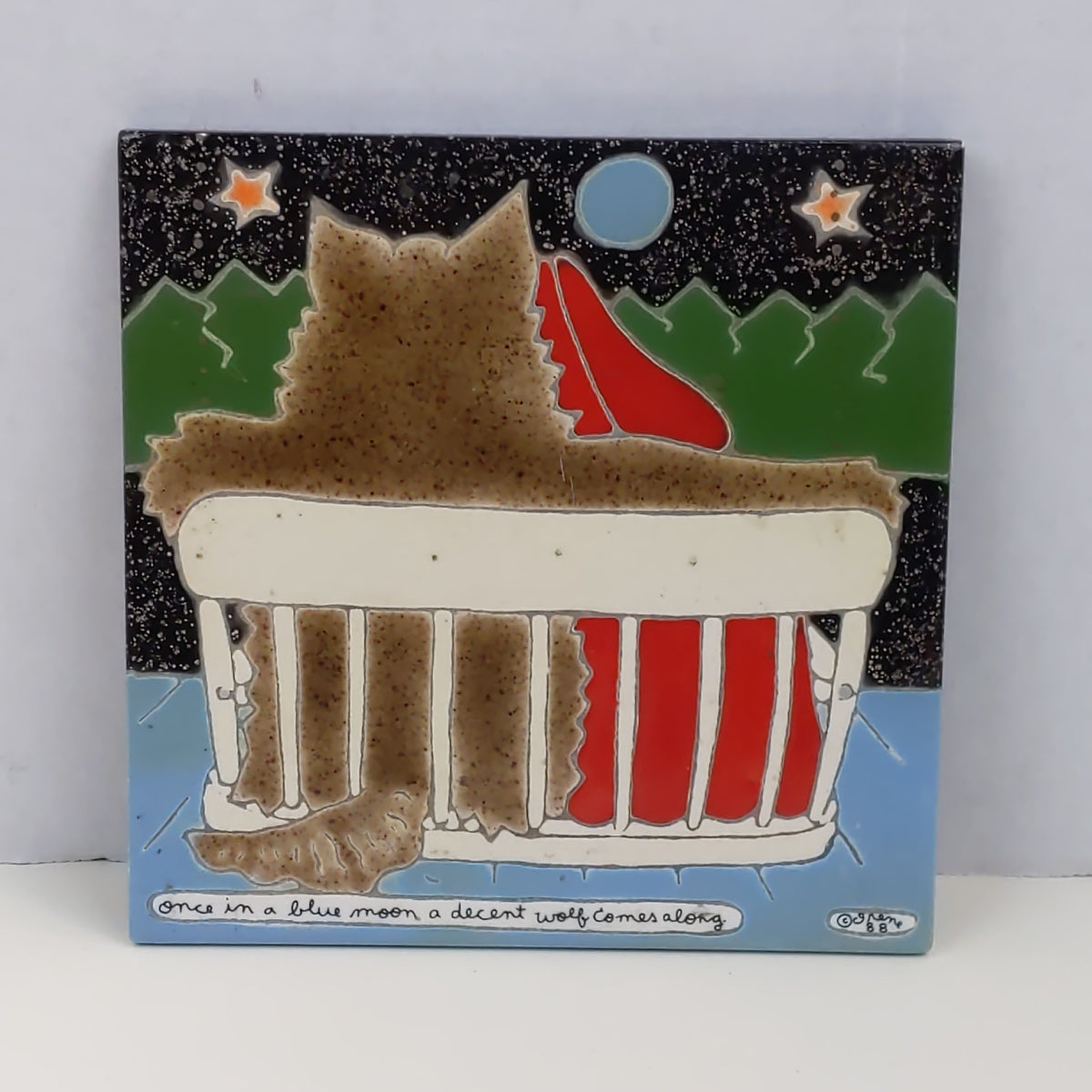 Irene Otis Ceramic Tile Blue Moon Wolf Art Pottery Trivet Coaster Kitchen Decor