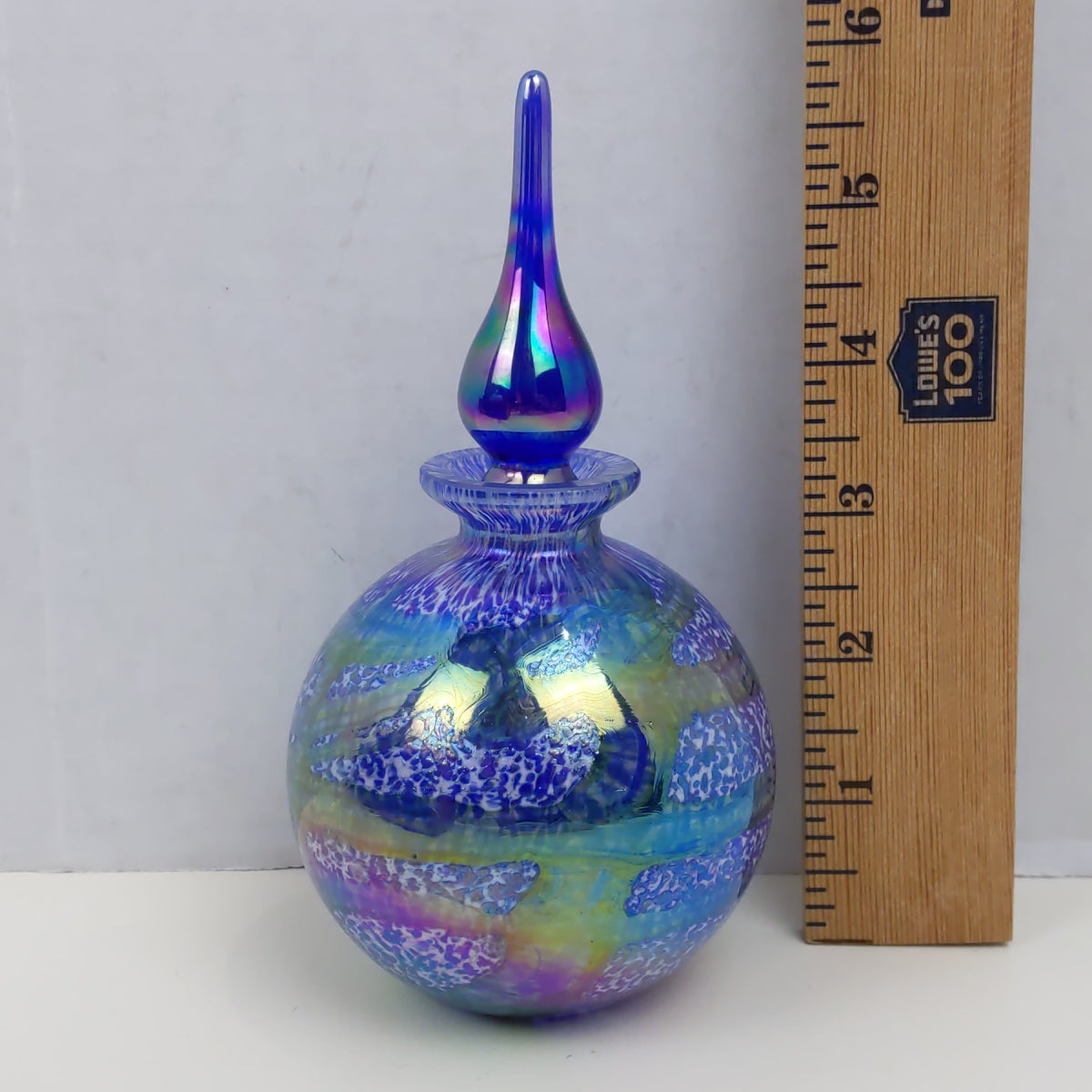 Vintage Perfume Bottle Art Glass Iridescent Globe Blue Home Vanity Decor