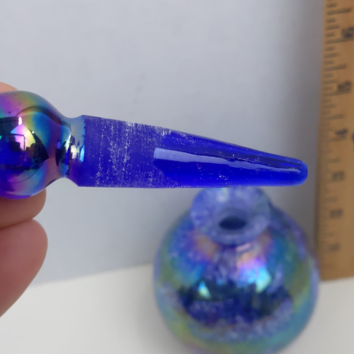 Vintage Perfume Bottle Art Glass Iridescent Globe Blue Home Vanity Decor